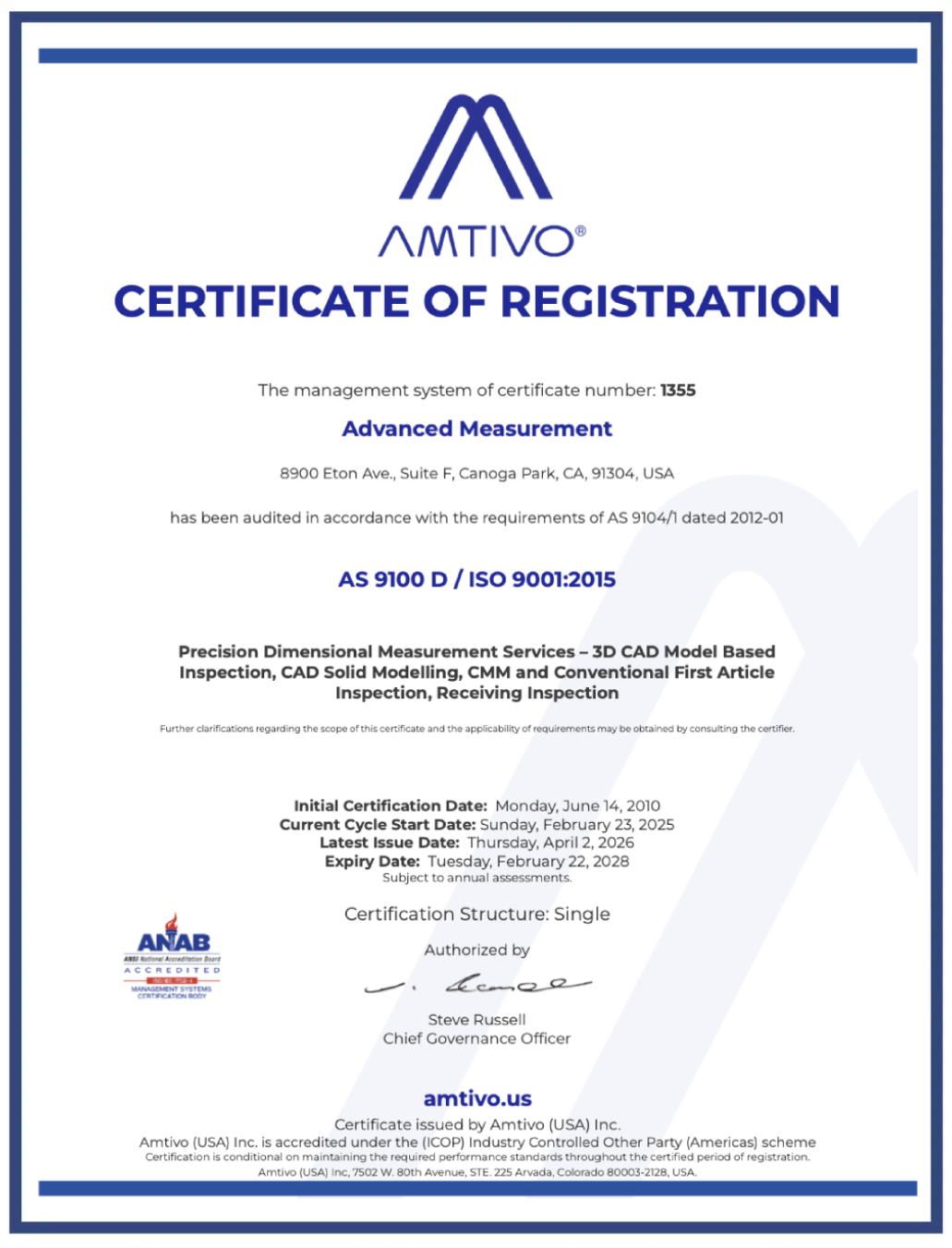 Certification-Amtivo-4-2-26 - Advanced Measurement / Streamlined Precision AMTIVO Certificate of Registration for Advanced Measurement, AS 9100D / ISO 9001:2015, with dates and signature (Steve Russell)