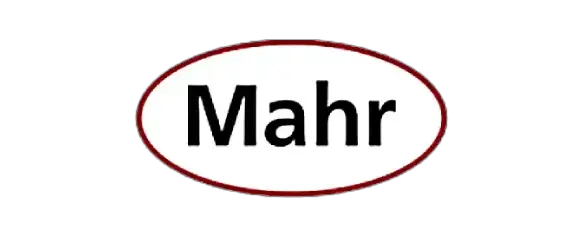 Mahr logo: white oval with red outline featuring the word Mahr in black letters.