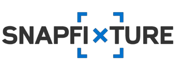 SNAPFIXTURE logo: the brand name with a blue X at the center, framed by blue corner brackets on a black background.